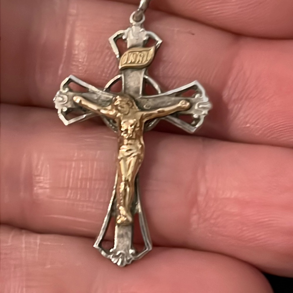 Antique Bliss Sterling Silver gold filled crucifix cross inri pendant necklace